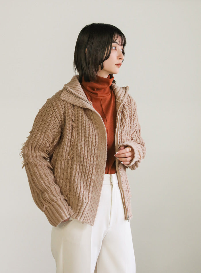 ハイネックフリンジニットジャケット【SALE】