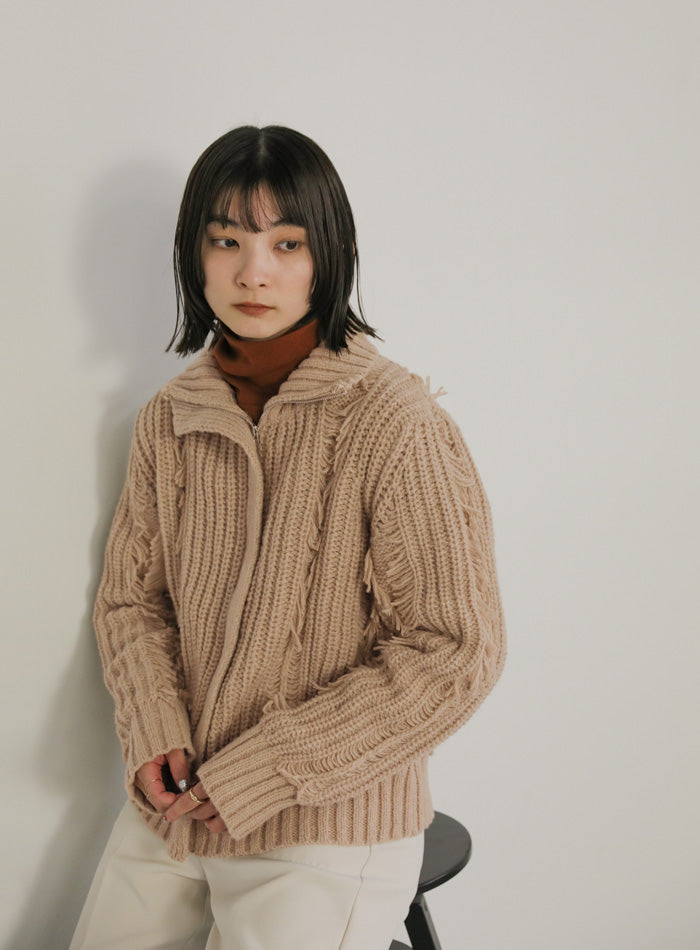 ハイネックフリンジニットジャケット【SALE】