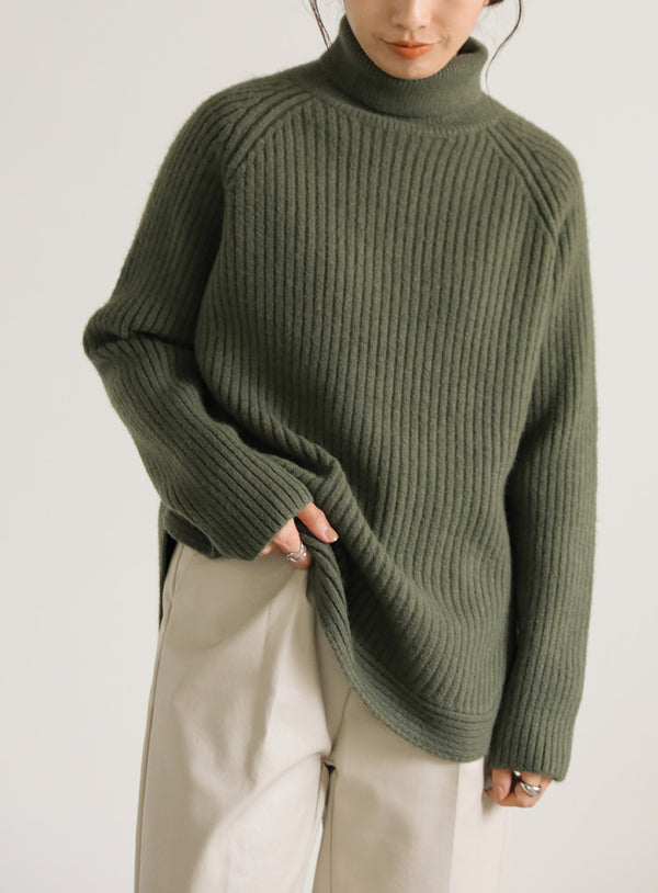 タートルネックラウンドリブニット