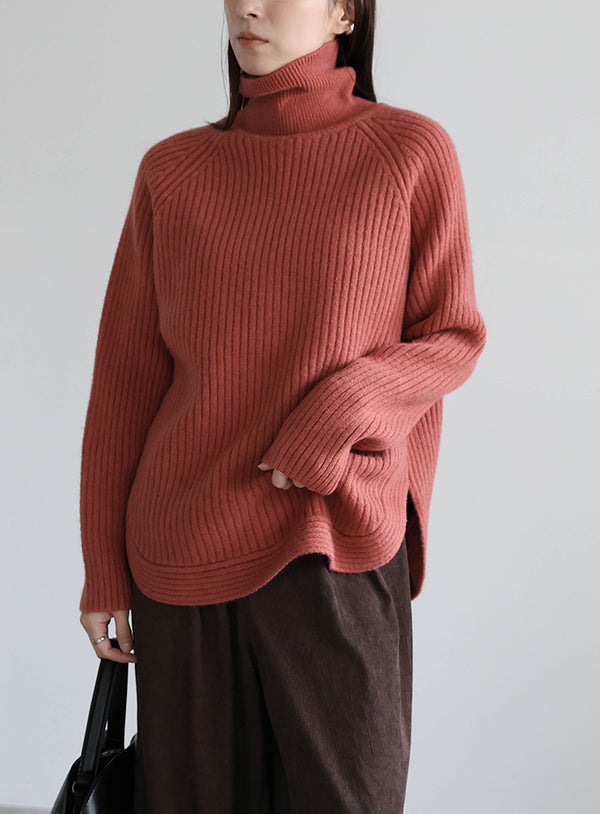 タートルネックラウンドリブニット