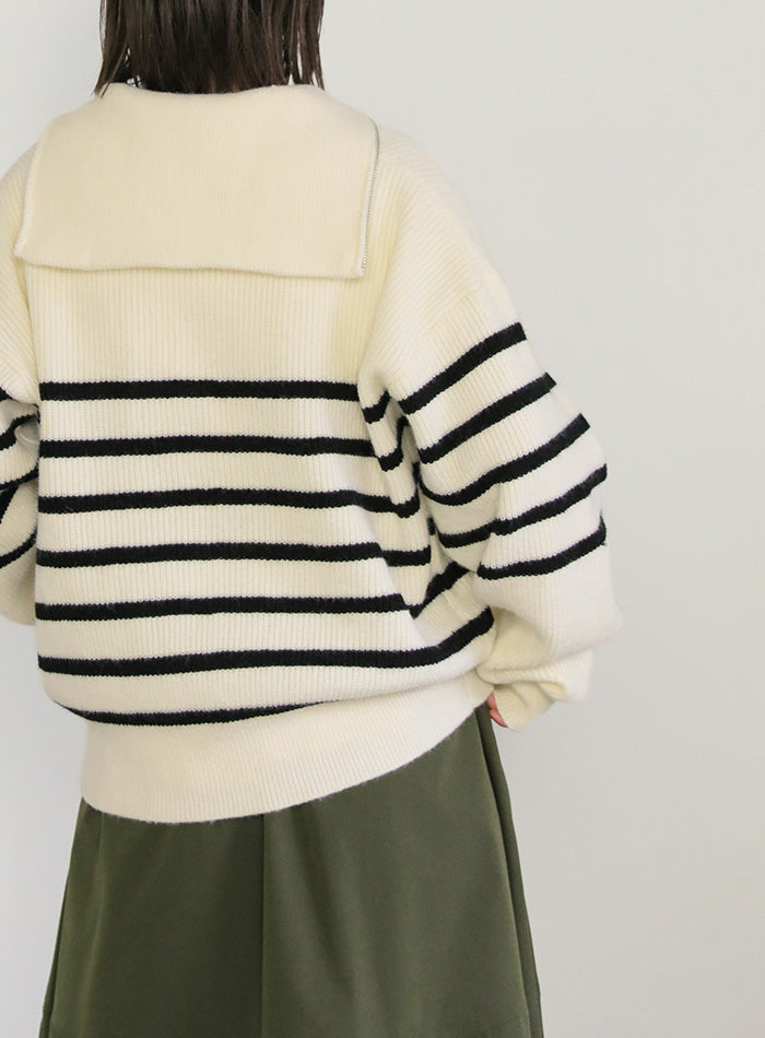 ハーフジップボーダーニットプルオーバー【SALE】