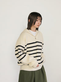 ハーフジップボーダーニットプルオーバー【SALE】