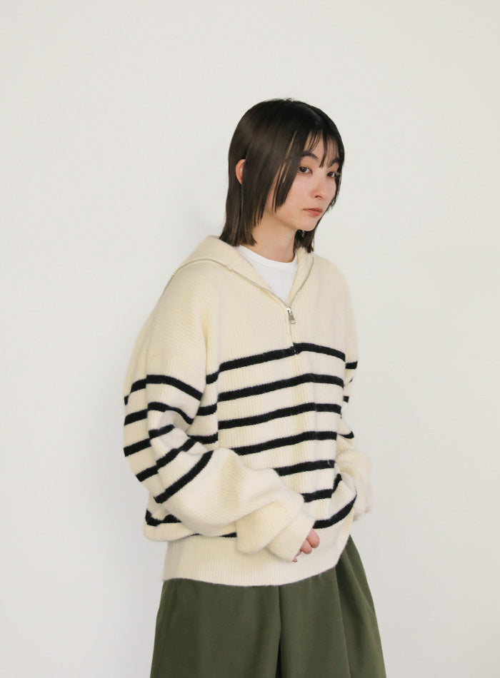 ハーフジップボーダーニットプルオーバー【SALE】