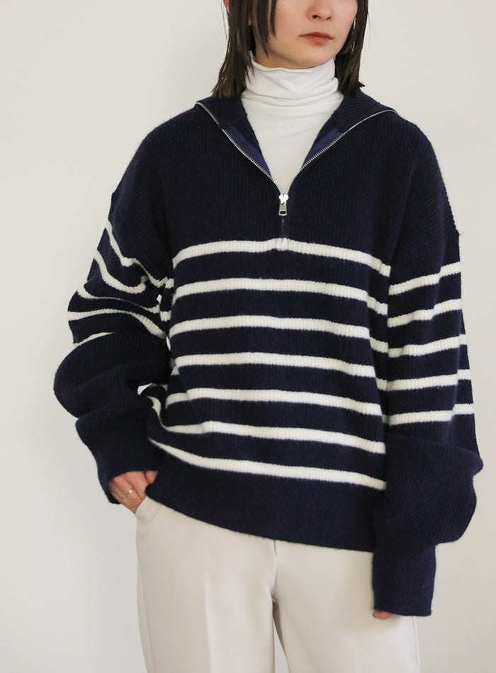 ハーフジップボーダーニットプルオーバー【SALE】