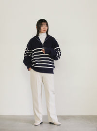 ハーフジップボーダーニットプルオーバー【SALE】
