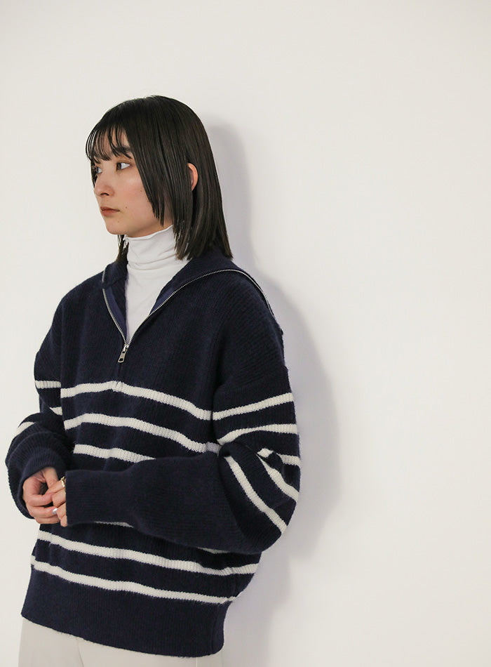 ハーフジップボーダーニットプルオーバー【SALE】