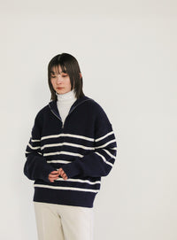 ハーフジップボーダーニットプルオーバー【SALE】