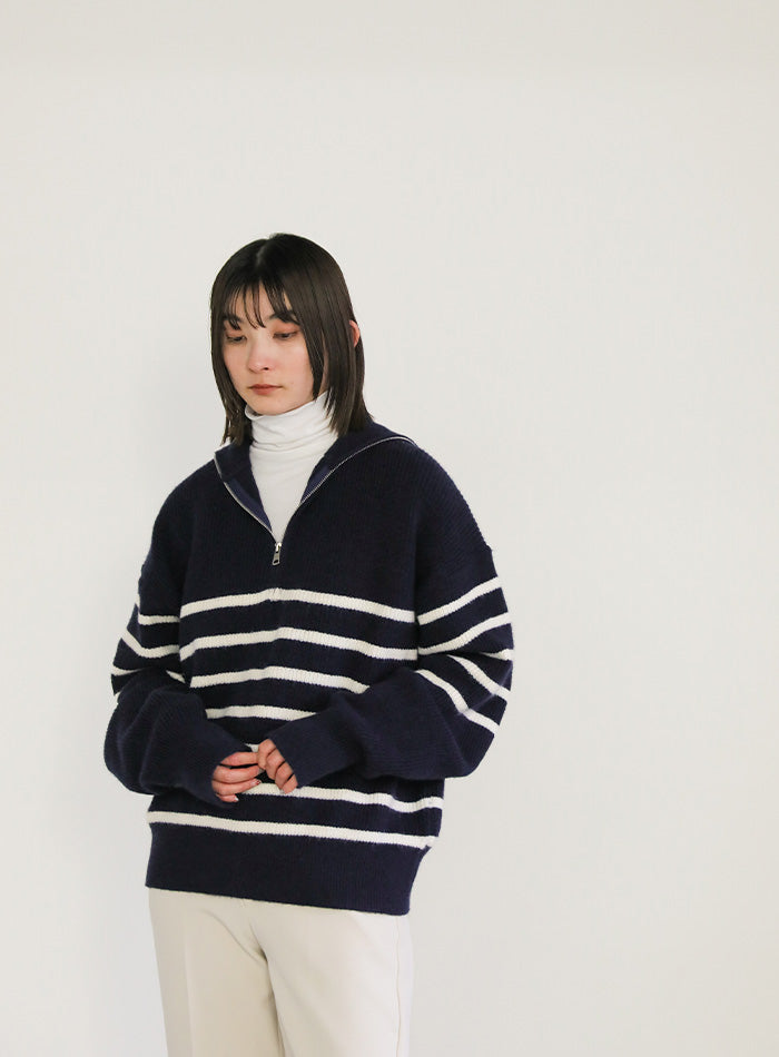ハーフジップボーダーニットプルオーバー【SALE】