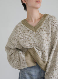 バイカラーバルキーショートニット【SALE】