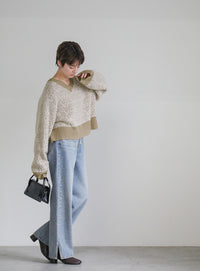 バイカラーバルキーショートニット【SALE】