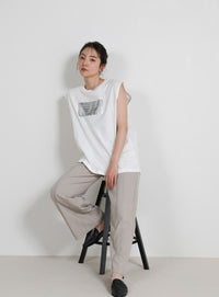 【選べる着丈】箔プリントノースリーブTシャツ