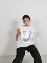 【選べる着丈】箔プリントノースリーブTシャツ