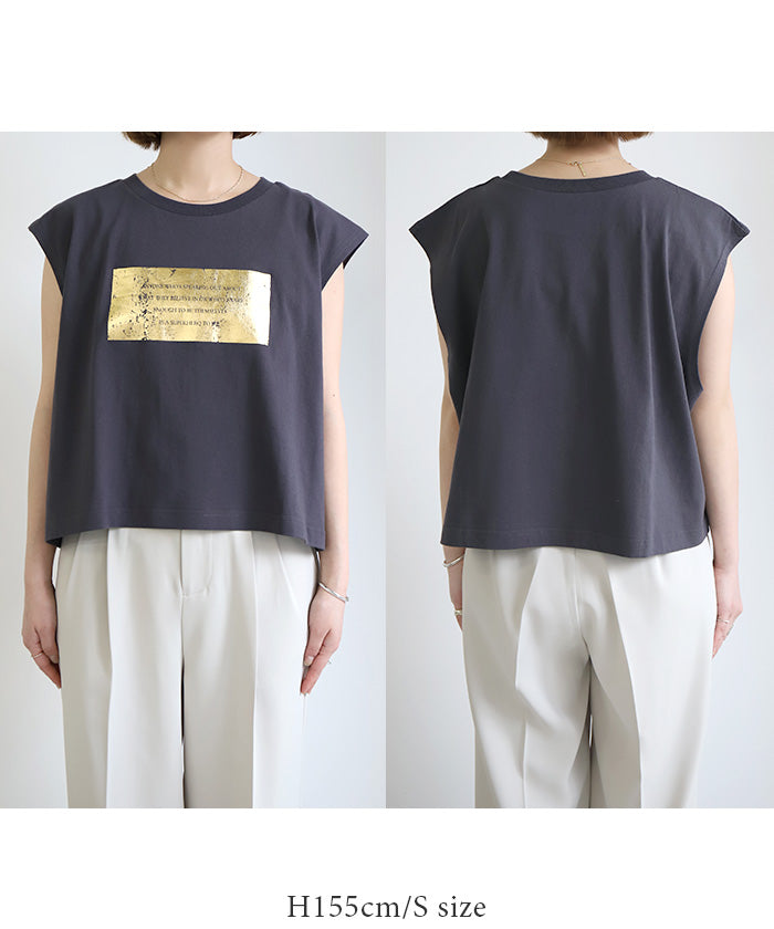 箔プリントノースリーブTシャツ
