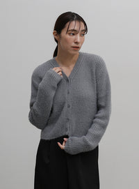 Vネックシャギーリブショートカーディガン