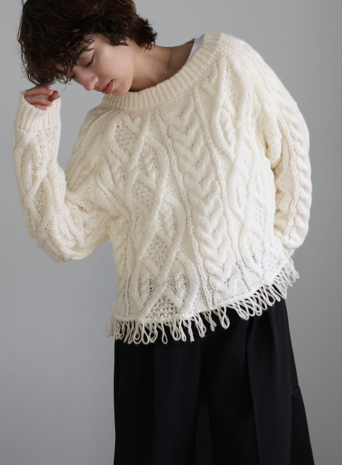 ルールロジェット／モヘヤミックス ケーブルフリンジニット ホワイト