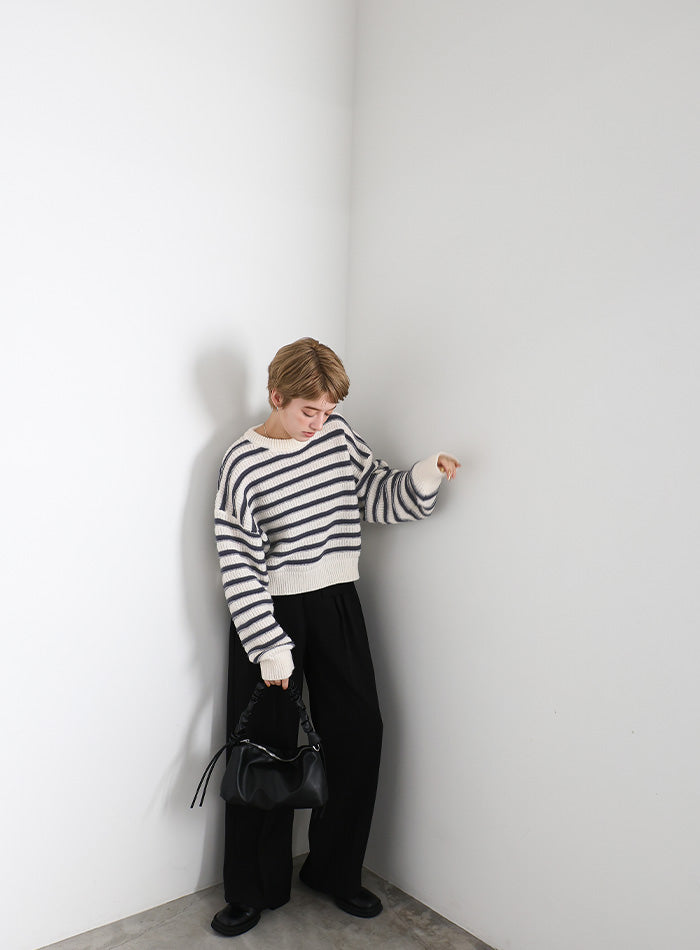 atelier naruse　ボーダーニット　ブラウン NARU(ナル) ムースヤーン ハイネックボーダーニット 665706