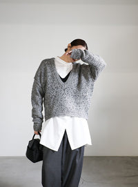柄編みメランジVネックニット【SALE】