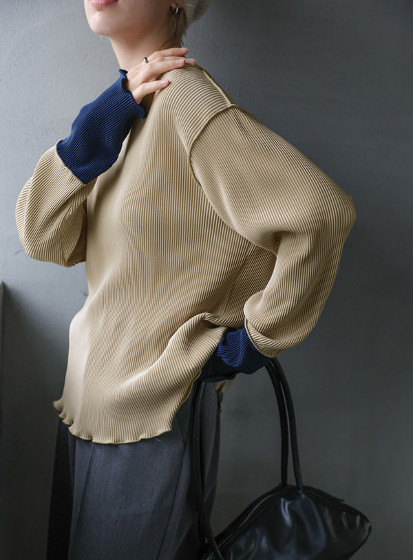 バイカラースリーブプリーツトップス【SALE】