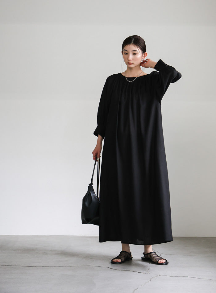 sallure PAPILLON　リボンワンピース　NAVY INSL25203(ワンピース) 60s LINEN PLAIN BANDED COLLAR 3/4SL