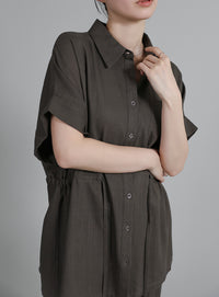 【Et】Linen Mix Waist Drawstring Blouse