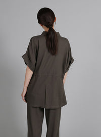 【Et】Linen Mix Waist Drawstring Blouse