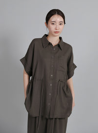 【Et】Linen Mix Waist Drawstring Blouse