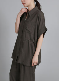 【Et】Linen Mix Waist Drawstring Blouse