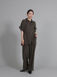 【Et】Linen Mix Waist Drawstring Blouse