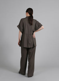 【Et】Linen Mix Waist Drawstring Blouse