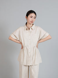 【Et】Linen Mix Waist Drawstring Blouse