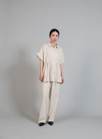 【Et】Linen Mix Waist Drawstring Blouse