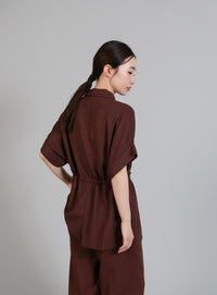 【Et】Linen Mix Waist Drawstring Blouse