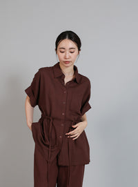 【Et】Linen Mix Waist Drawstring Blouse