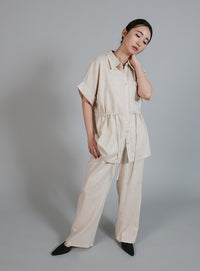 【Et】Linen Mix Tuck Wide Pants