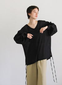 オープンスリーブデザインシフォンブラウス