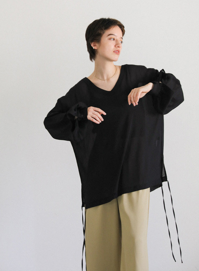 オープンスリーブデザインシフォンブラウス