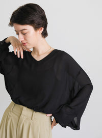 オープンスリーブデザインシフォンブラウス