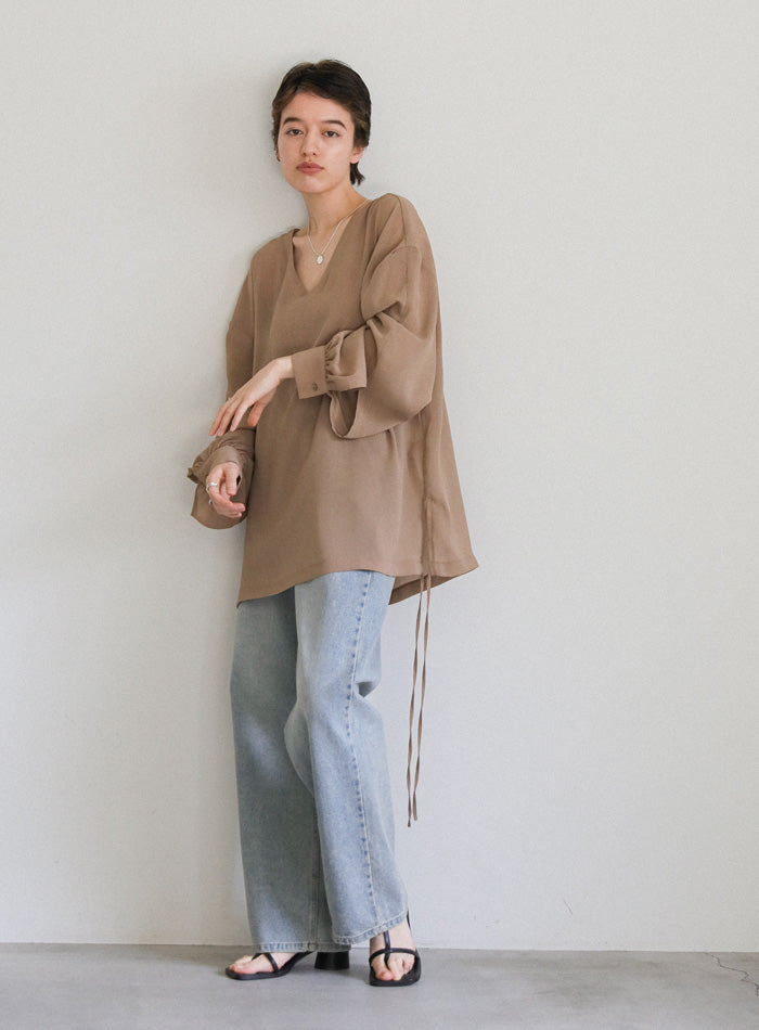 オープンスリーブデザインシフォンブラウス