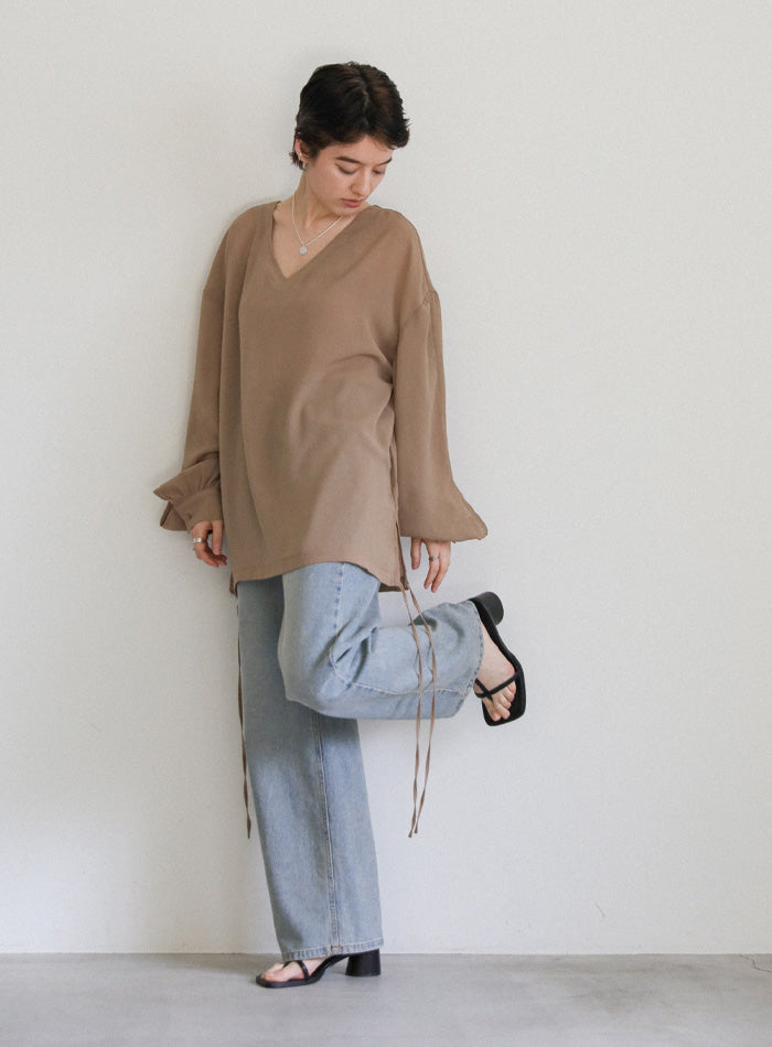 オープンスリーブデザインシフォンブラウス