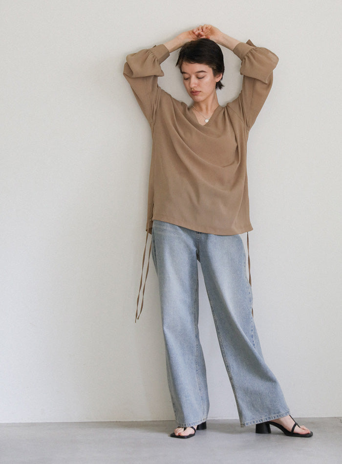 オープンスリーブデザインシフォンブラウス