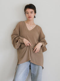 オープンスリーブデザインシフォンブラウス