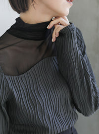 ハイネックシアーウェーブトップス