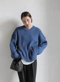 ワイドリブルーズVネックニット【SALE】