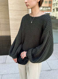 ボートネックボリュームスリーブショートニット【SALE】