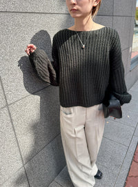 ボートネックボリュームスリーブショートニット【SALE】