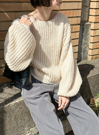 ボートネックボリュームスリーブショートニット【SALE】