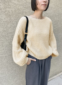 ボートネックボリュームスリーブショートニット【SALE】