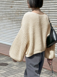 ボートネックボリュームスリーブショートニット【SALE】