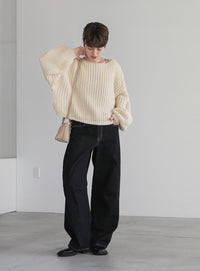 ボートネックボリュームスリーブショートニット【SALE】