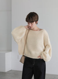 ボートネックボリュームスリーブショートニット【SALE】